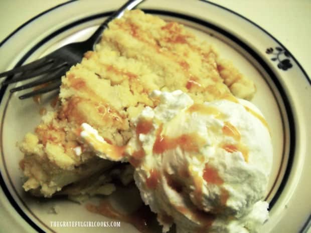 Apple shortbread tart and ice cream, drizzled with the homemade caramel sauce.