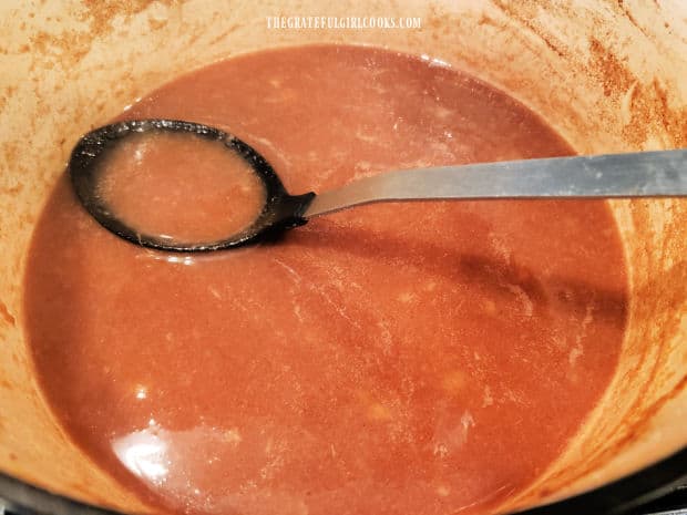 After pears are removed from pan, the cinnamon sugar pear juices remain in pot.