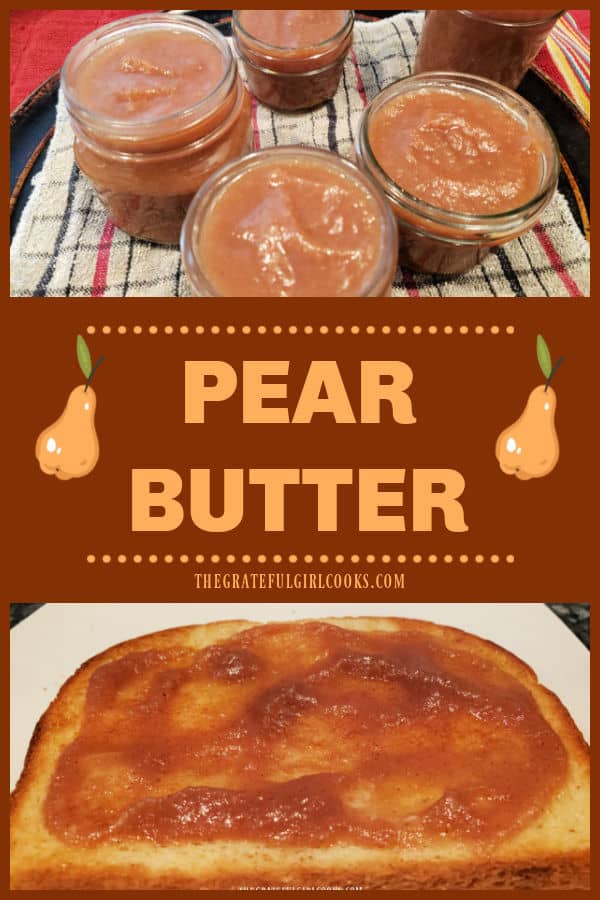 Make several jars of pear butter for yourself or to give to friends! Delicious on toast, yogurt or ice cream! Canning instructions included.