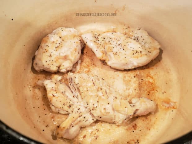 The chicken breasts are cooked in hot oil only until both sides are nicely browned.
