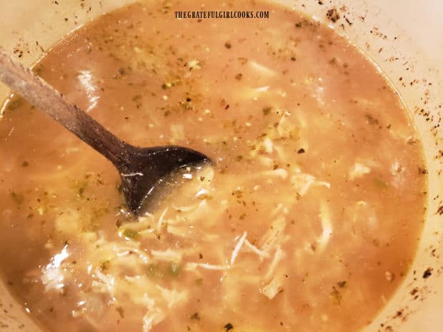 Southwestern chicken lime soup finishes heating through before serving.