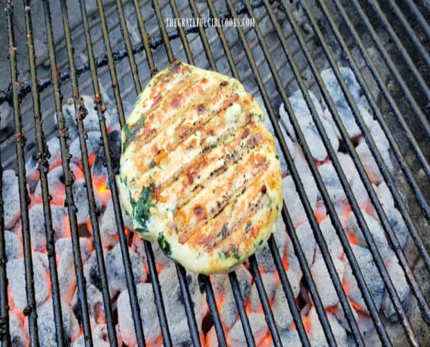 Turkey, feta and spinach burgers can also be cooked on a BBQ grill.