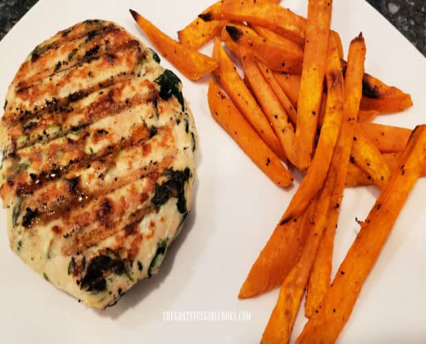 Roasted sweet potato fries are served with one of the turkey, feta and spinach burgers.