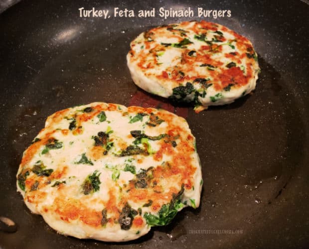 Yummy Turkey, Feta and Spinach Burgers are easy to make, and can be pan-seared or grilled on a BBQ. They're delicious, with or without a bun!