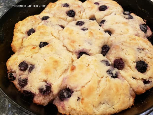 Baked blueberry biscuits have absorbed butter and are golden brown when done.