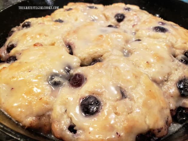 After the icing firms up, the vanilla glazed blueberry biscuits are ready to eat. 