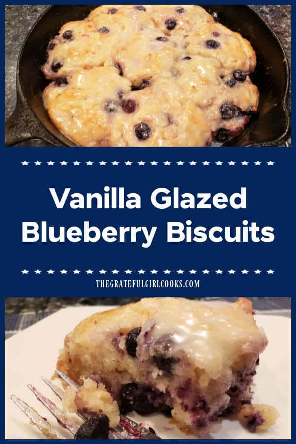Vanilla Glazed Blueberry Biscuits are buttery, filled with blueberries, topped with sweet glaze, and take 15 minutes prep. They're DELICIOUS!