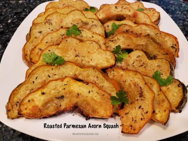 Roasted Parmesan Acorn Squash is a tasty veggie side dish! Squash is seasoned with butter, spices, and Parmesan, and it's ready in 30 minutes!