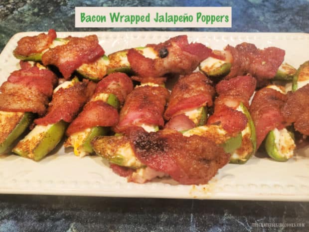 Make a dozen Bacon Wrapped Jalapeño Poppers for your next party! They're yummy, filled with 2 cheeses and coated in brown sugar-chili spice!