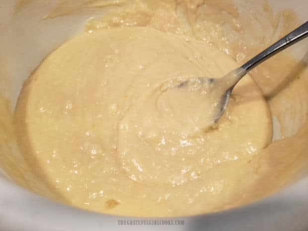 Batter for the muffins is stirred only until all ingredients have been incorporated.