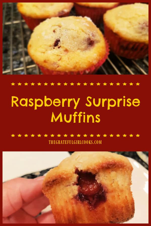Raspberry Surprise Muffins taste great and are easy to make! You'll enjoy their light almond flavor and raspberry jam inside. Makes 1 dozen.