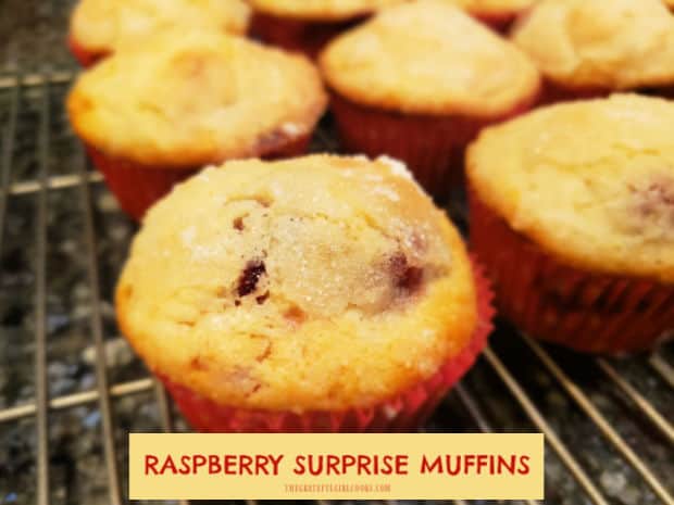 Raspberry Surprise Muffins taste great and are easy to make! You'll enjoy their light almond flavor and raspberry jam inside. Makes 1 dozen.