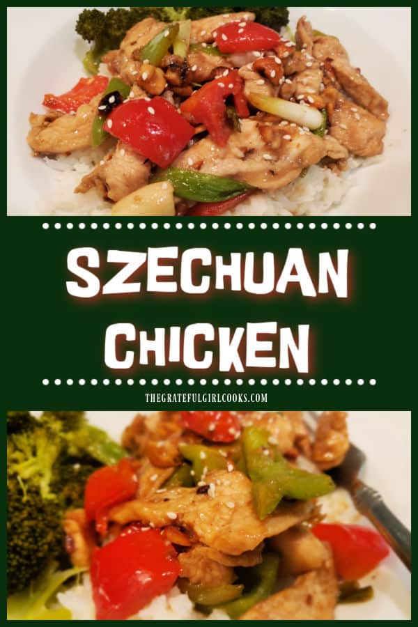 Szechuan Chicken is a delicious, easy to make stir-fry with chicken, bell peppers, green onions and nuts cooked in an Asian-inspired sauce.