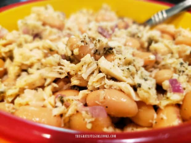 A close up photo of the Tuscan Cannellini Tuna Salad.