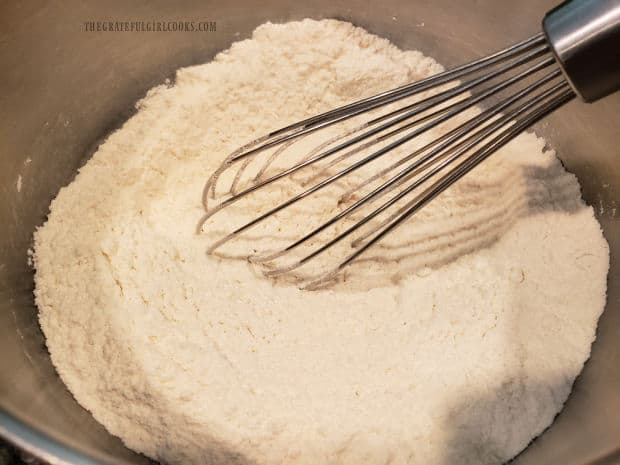 Flour, baking soda and salt are whisked together until combined.