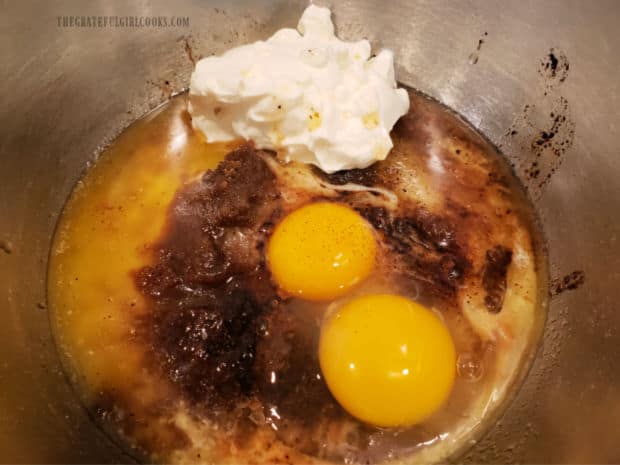 Batter ingredients for the coffeecake are combined in a large mixing bowl.