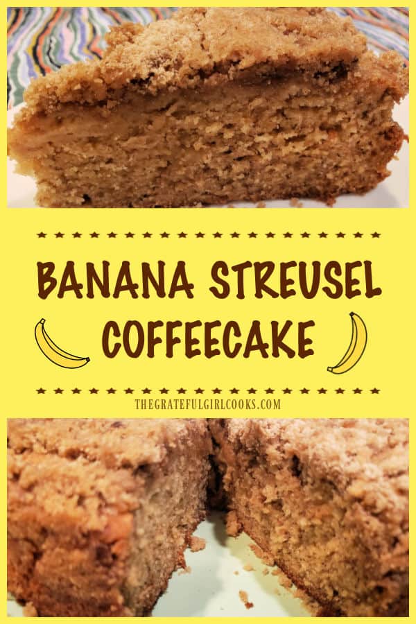 Banana Streusel Coffeecake is a yummy breakfast treat, featuring a banana sour cream coffeecake with a brown sugar cinnamon crumb topping.