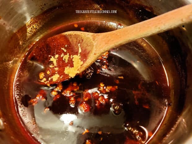 Fresh grated ginger is stirred into the sauce after the pan is removed from the heat.