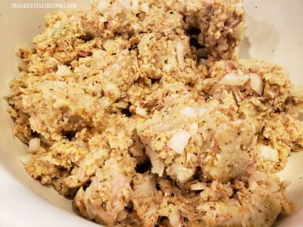 Potatoes have been added to the turkey croquette mixture and combined.