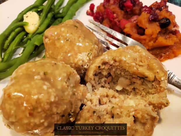 Use leftover turkey to make Classic Turkey Croquettes! An old diner favorite, with turkey, potatoes and spices, baked and topped with gravy.