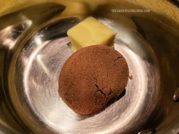 Butter, brown sugar and a Tablespoon of water are placed in pan to make caramel sauce.