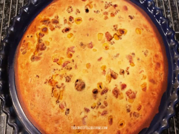 The easy tamale pie is nicely browned as it is removed from the oven after baking.