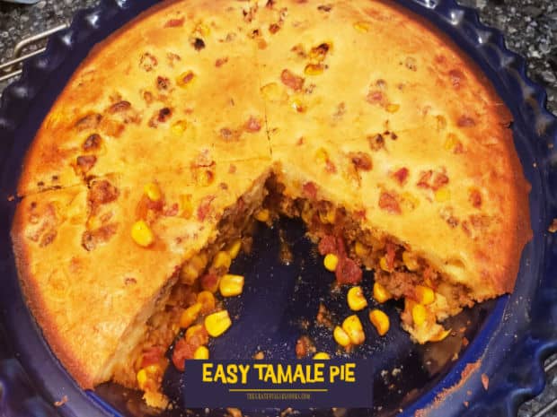 Easy Tamale Pie is a delicious meal featuring ground beef, tomatoes, onions, corn and Mexican spices, topped with a cornbread-style crust.