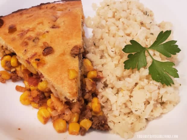 Shown, served alongside Tamale Pie, the lemon garlic cauliflower rice is a great side dish!