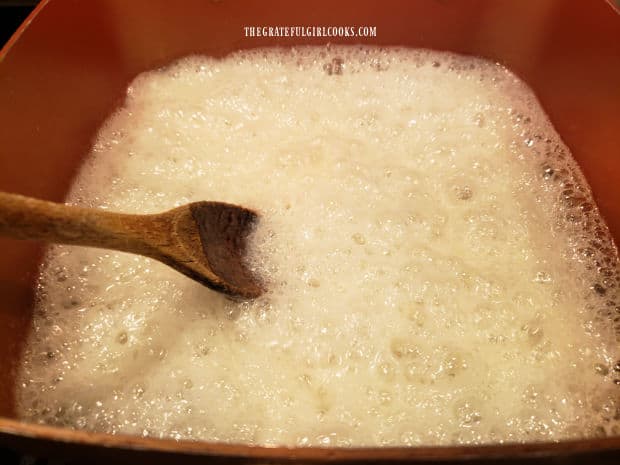 Sugar and milk are boiled for three minutes until syrupy.