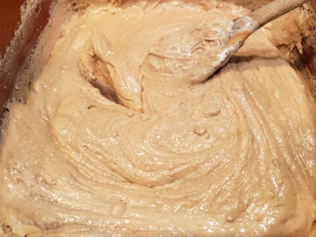 Once peanut butter and marshmallow creme are mixed in, the fudge is ready to pour into pan.