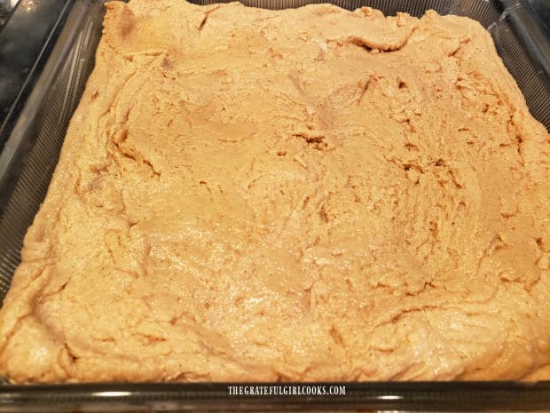 The creamy peanut butter fudge is spread into and refrigerated in an 8x8" square dish.