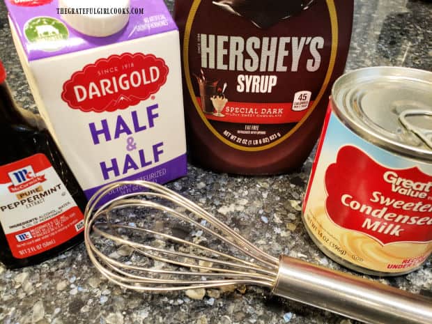 Ingredients are half and half, peppermint extract, chocolate syrup and sweetened condensed milk.