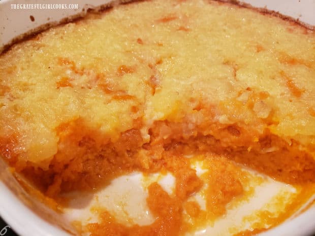 A look at the insides of the pineapple topped sweet potato puff in the serving dish.