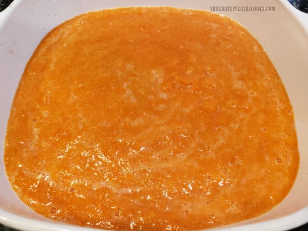 Sweet potato mixture is poured into an ungreased, 2 quart casserole dish.