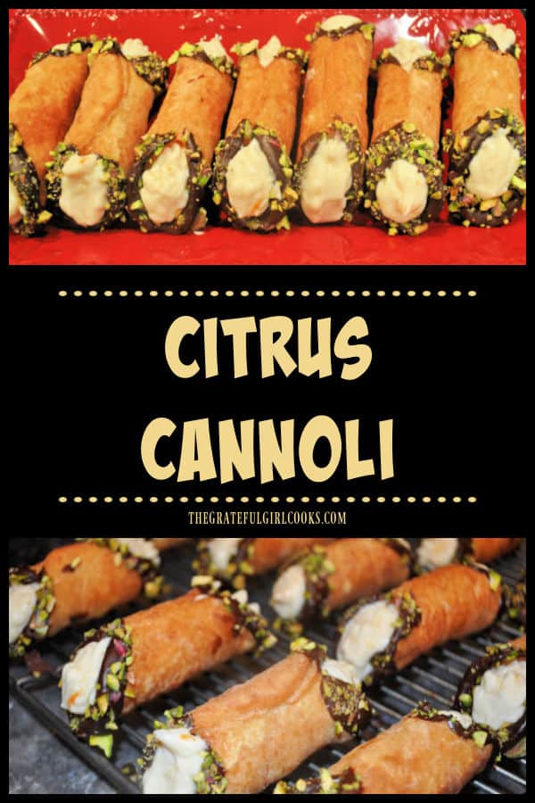 Make about 15 (or more) delicious Citrus Cannoli, with sweetened orange ricotta filling, and decorated with chocolate and chopped pistachios!