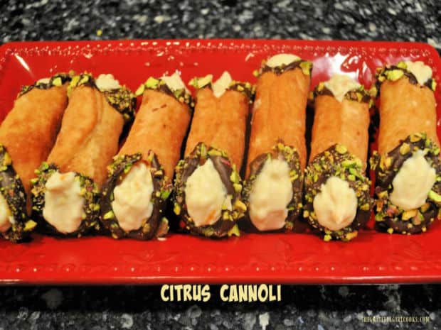 Make about 15 (or more) delicious Citrus Cannoli, with sweetened orange ricotta filling, and decorated with chocolate and chopped pistachios!