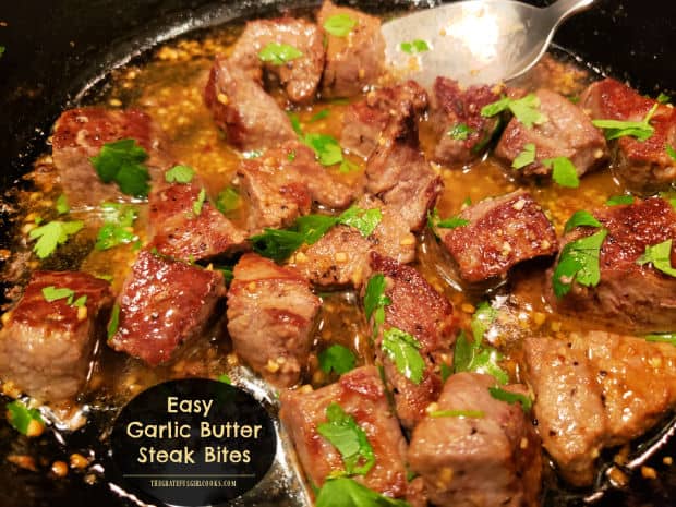 Make Easy Garlic Butter Steak Bites for 2 in only a few minutes! Use tri-tip or other steak, pan-sear, then cover with garlic butter sauce.