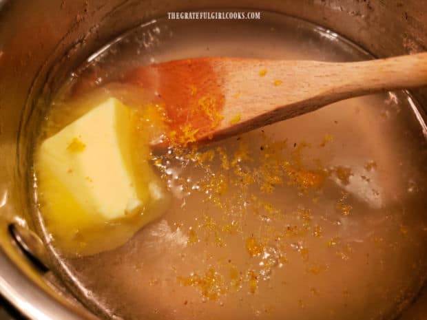 Butter is added to the lemon sauce and heated only until it melts.
