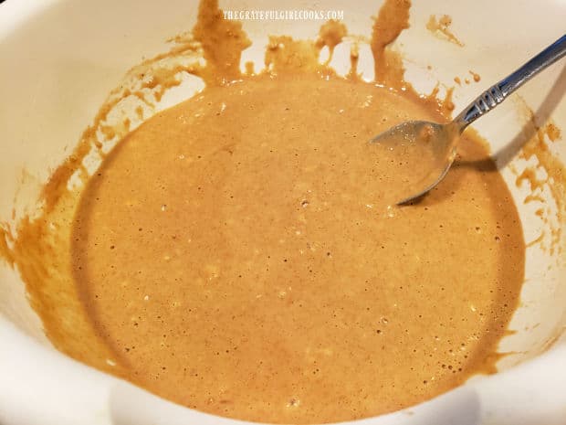 Wet and dry ingredients are combined to make batter for the gingerbread pancakes.