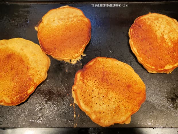 Pancakes are cooked until set and browned on both sides.