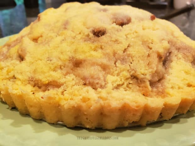 After tart pan edges are removed, the crust can be seen from this side view.