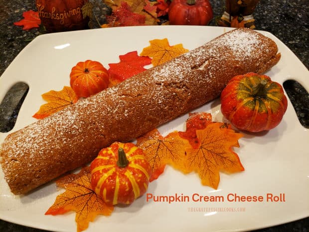 Make a delicious Pumpkin Cream Cheese Roll for the holidays (or any time)! This classic dessert has sweet cream cheese filling rolled inside!