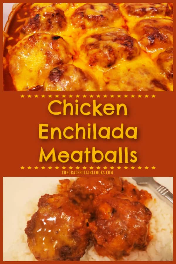 Make a dozen cheesy, baked Chicken Enchilada Meatballs in about 30 minutes! Serve them on a bed of rice for a simple, delicious meal.