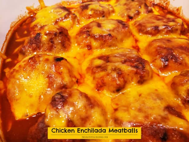Make a dozen cheesy, baked Chicken Enchilada Meatballs in about 30 minutes! Serve them on a bed of rice for a simple, delicious meal.