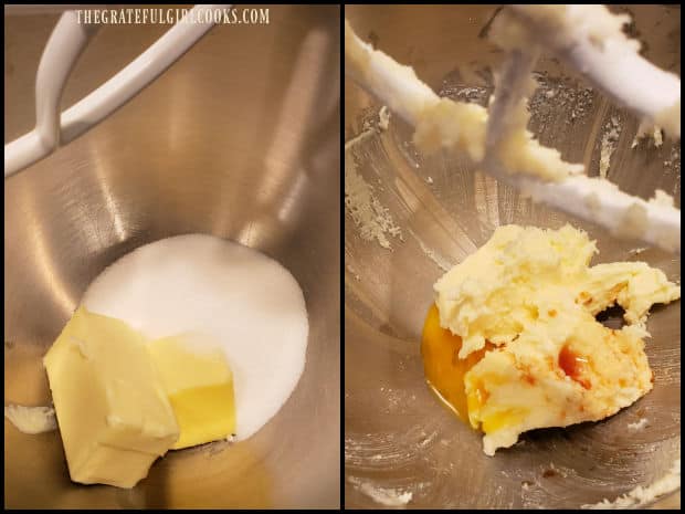 Butter and sugar are creamed, then egg yolk and vanilla extract are added.