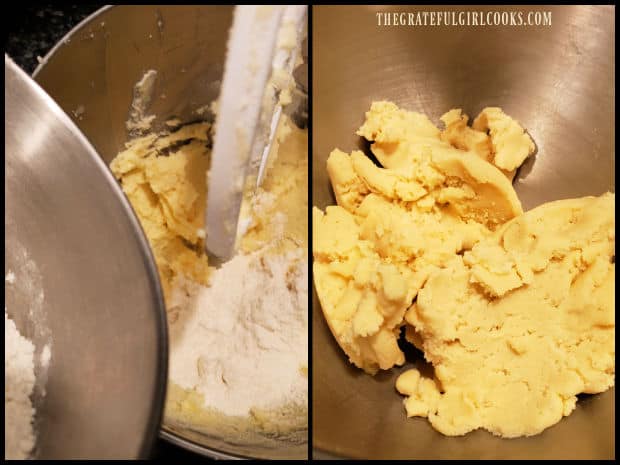 Dry ingredients are added to the cookie batter until thoroughly combined.