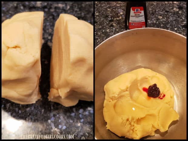 Cookie dough is cut in half, and one half has red food color and peppermint extract added to it.