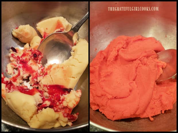 Peppermint extract and red food coloring is worked into the dough until it has completely turned red.