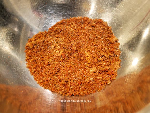 A bowl with homemade spice mixture to rub onto the pork chops before they cook.