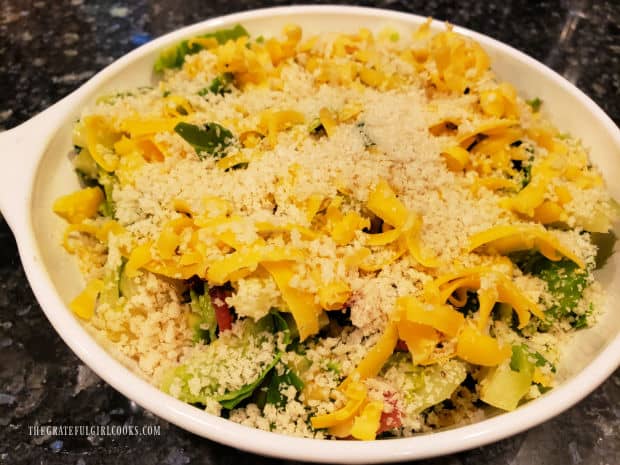 Grated cheddar and Panko breadcrumbs top the Brussel Sprout Casserole For Two.